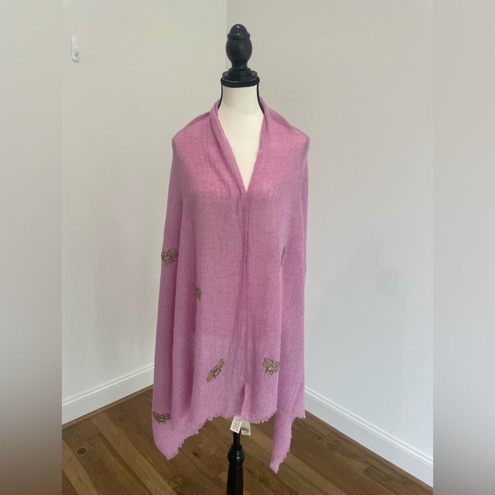 NWT Citrus Pashmina Wool Wrap - Pink/Purple with Gold Beaded Bumblebee Details
